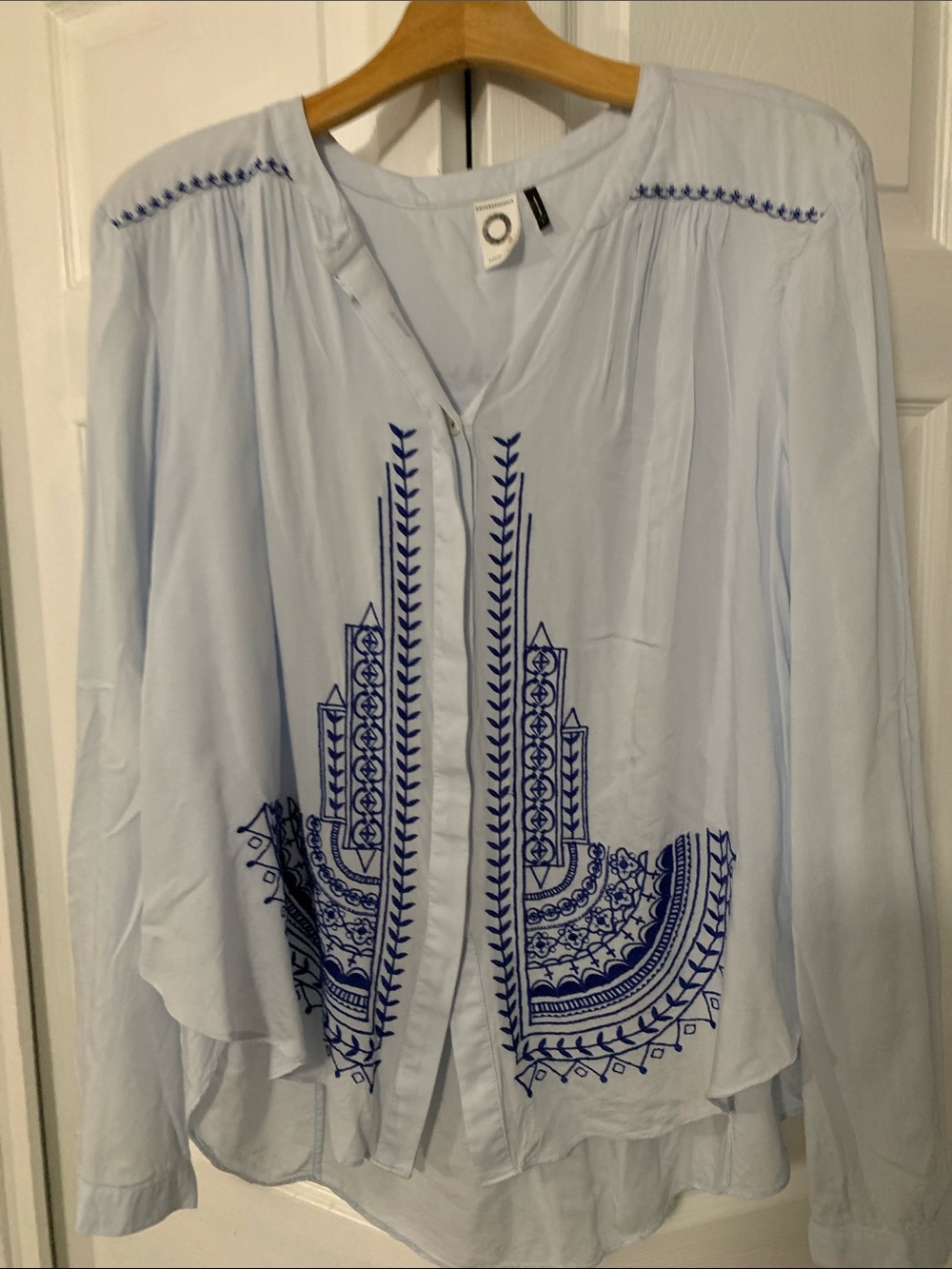 Anthropologie Light Blue Blouse with Navy Embroidery